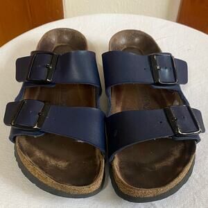 Birkenstock Dark Blue Leather Sandals Double Strap Buckles Boho Hippie